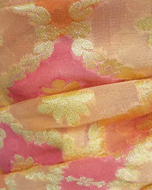 Peach and Ice blue Khadi Banarasi Georgette Fabric Saree