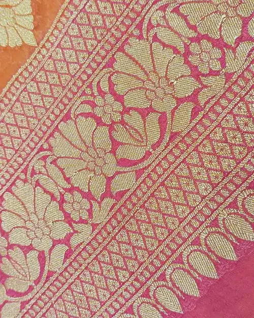 Peach and Ice blue Khadi Banarasi Georgette Fabric Saree