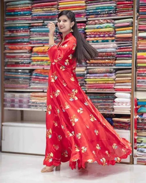 Red Organza Flower Work Readymade Gown