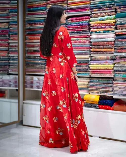 Red Organza Flower Work Readymade Gown