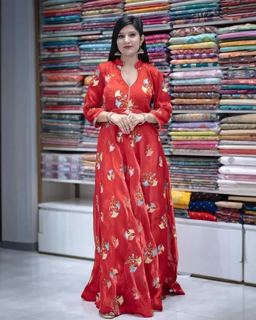 Red Organza Flower Work Readymade Gown