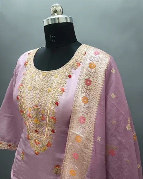 Mauve Color Silk Fabric Full Heavy Neck Straight Suit