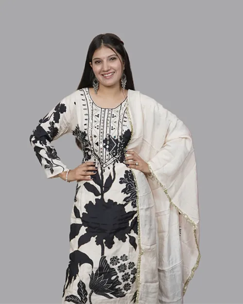 White And Black Readymade Floral Pattern Suit