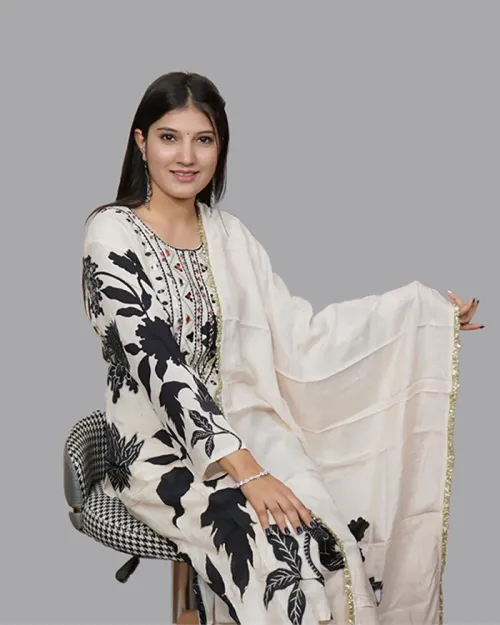 White And Black Readymade Floral Pattern Suit