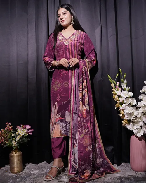 Purple Readymade Floral Print Suit