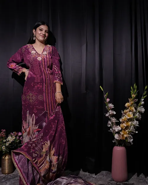 Purple Readymade Floral Print Suit