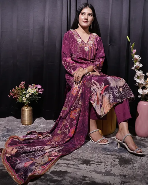 Purple Readymade Floral Print Suit