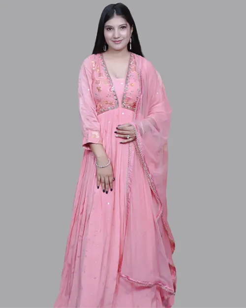 Peach Color Georgette Fabric Anarkali Suit