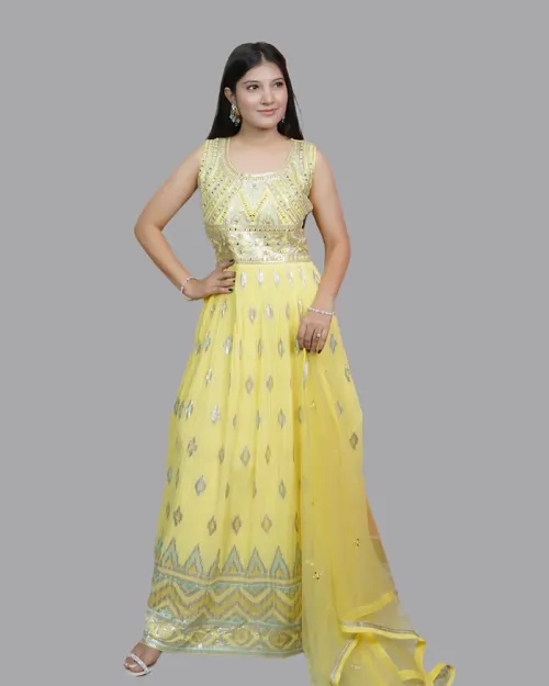 Lemon Color Georgette Fabric Anarkali Suit