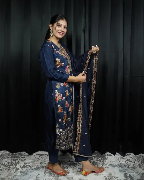 Navy Blue Floral Pattern Straight Suit