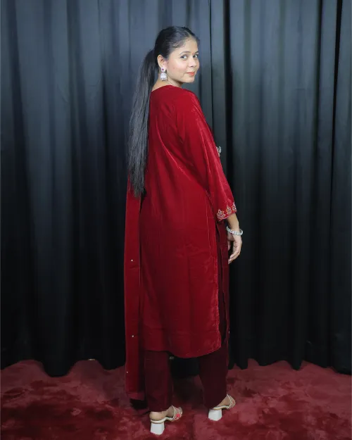 Maroon Stone Work Velvet Suit