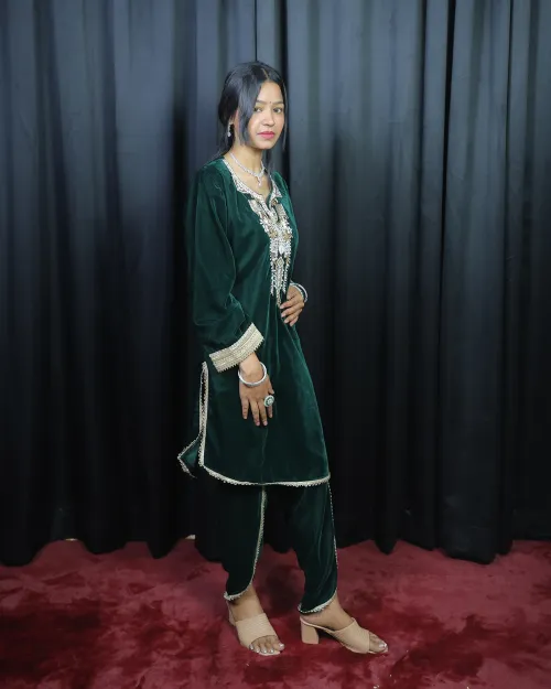 Bottle Green Gota Patti Stone Work Velvet Co-Ord Set