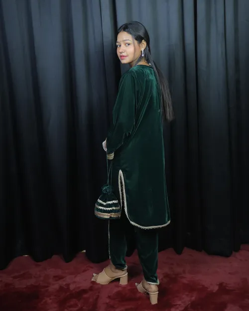 Bottle Green Gota Patti Stone Work Velvet Co-Ord Set