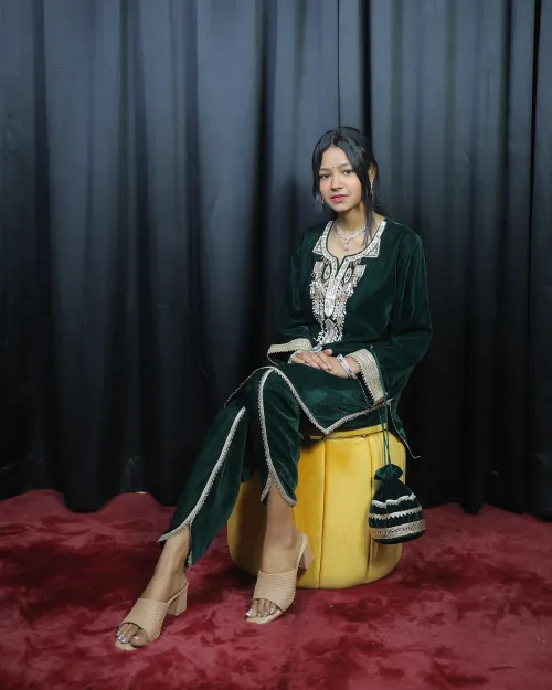 Bottle Green Gota Patti Stone Work Velvet Co-Ord Set