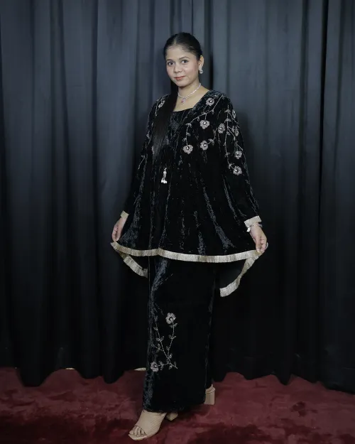 Black Color Zari Work Velvet Co-Ord Set