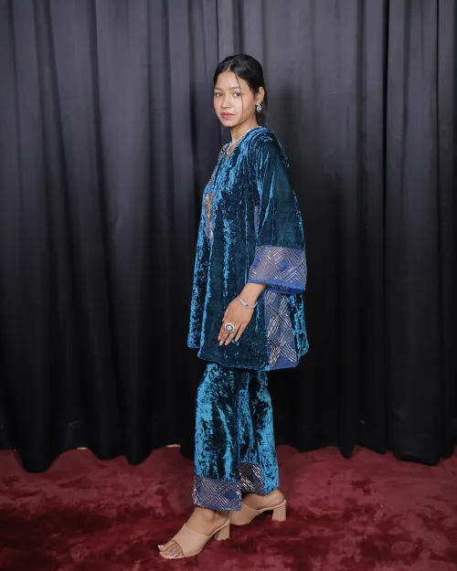 Teal Blue Velvet Peplum With Palazzo