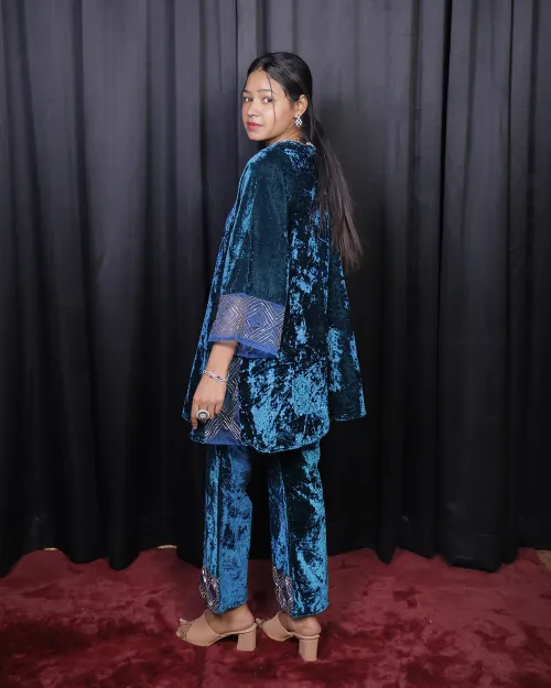 Teal Blue Velvet Peplum With Palazzo