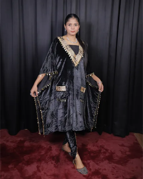 Black Zari Work Velvet Kaftan