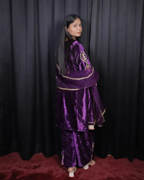 Purple Color Zari Work Velvet Suit