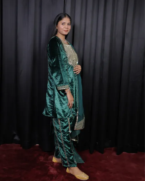 Bottle Green Color Gota Patti Velvet Suit