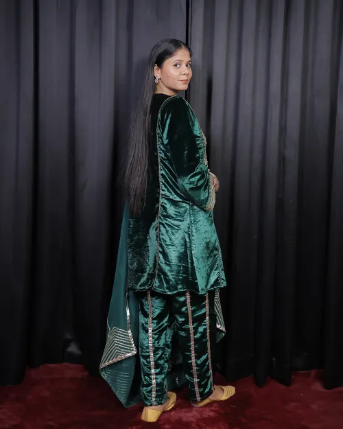 Bottle Green Color Gota Patti Velvet Suit
