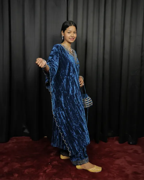 Teal Blue Color Velvet Kaftan