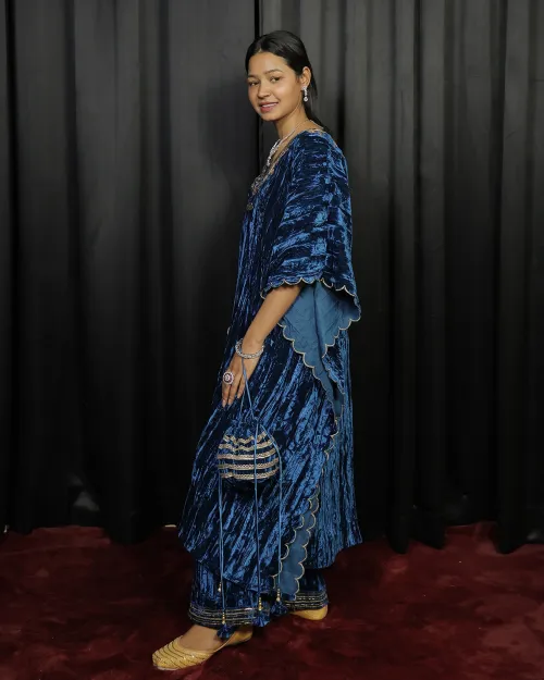 Teal Blue Color Velvet Kaftan