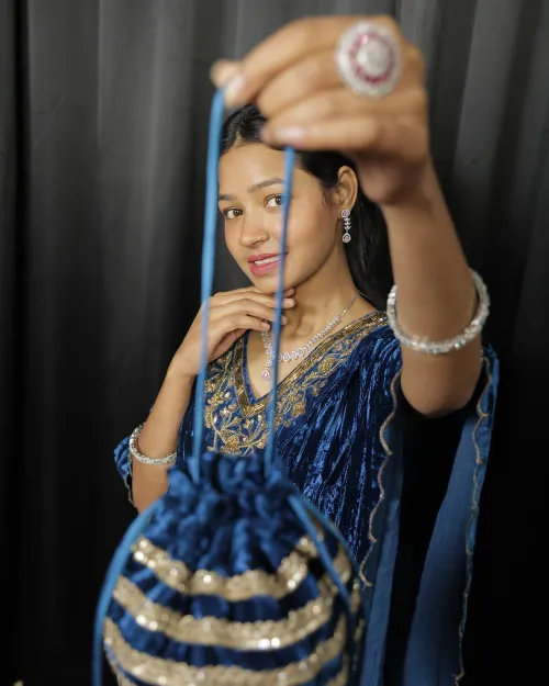 Teal Blue Color Velvet Kaftan
