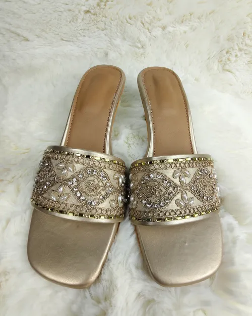 Golden Color Detailed Stone Work Sandal