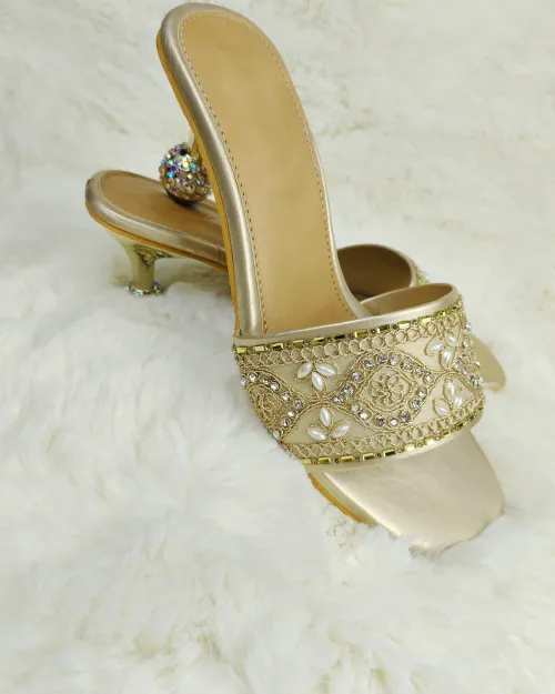 Golden Color Detailed Stone Work Sandal