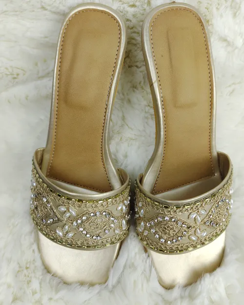 Golden Color Detailed Stone Work Sandal