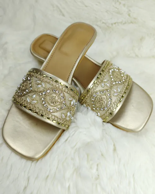 Golden Color Detailed Stone Work Sandal