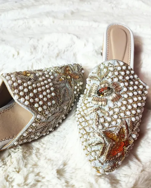 White Stone Work Party Wear Jutis