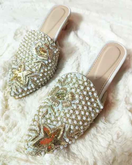 White Stone Work Party Wear Jutis
