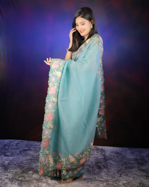 Blue Color Embroidery Work Tissue Saree
