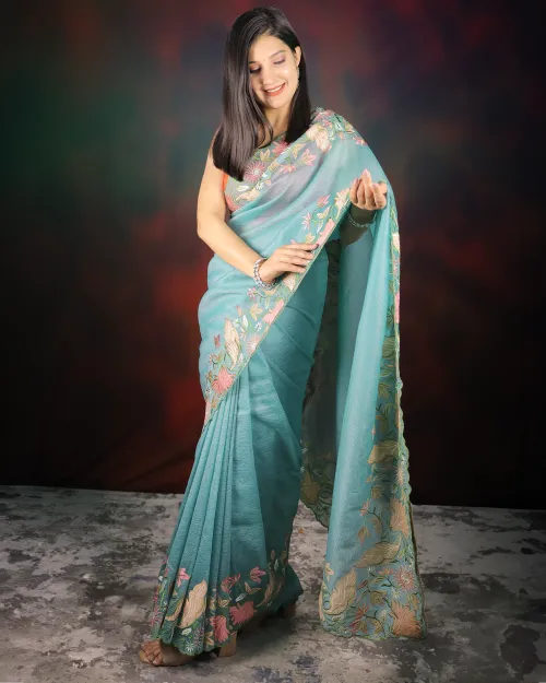Blue Color Embroidery Work Tissue Saree