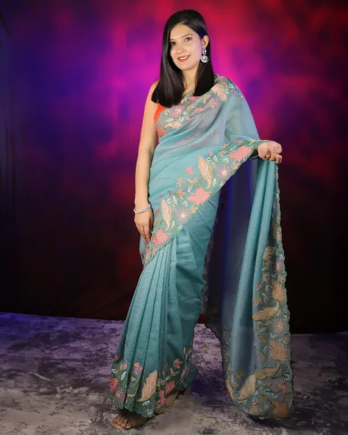 Blue Color Embroidery Work Tissue Saree