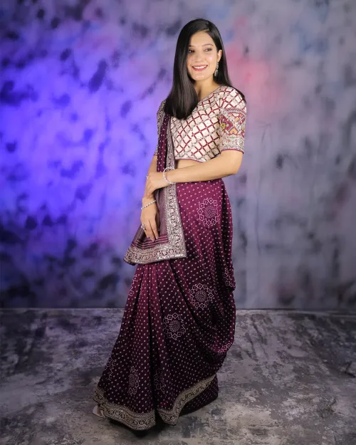 Purple Sequence Zari Work Marble Silk Saree