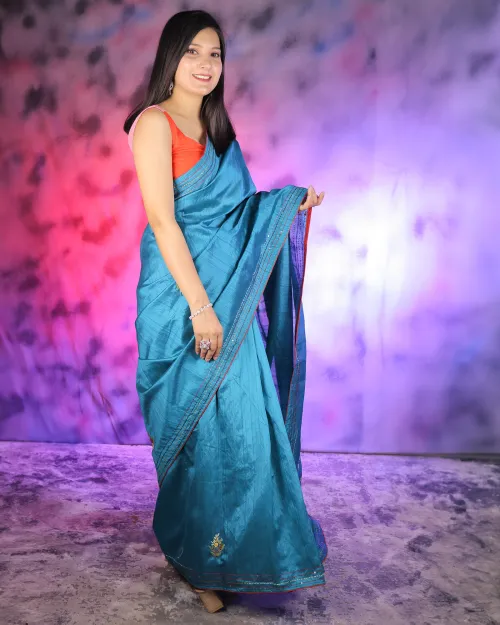 Firozi Embroidery Work Silk Saree