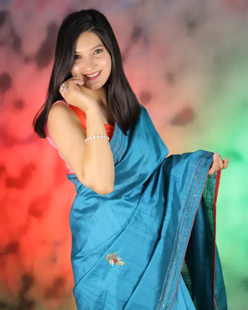 Firozi Embroidery Work Silk Saree