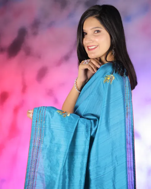 Firozi Embroidery Work Silk Saree