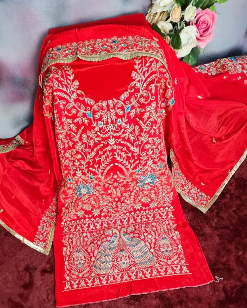 Red Color Stone Work Crepe Silk Punjabi Suit