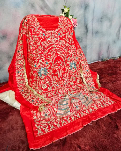 Red Color Stone Work Crepe Silk Punjabi Suit