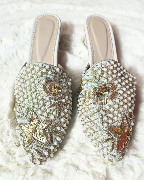 White Stone Work Party Wear Jutis
