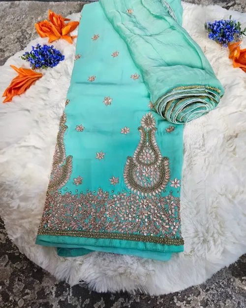 Ice Blue Stone Work Tissue Silk Suit