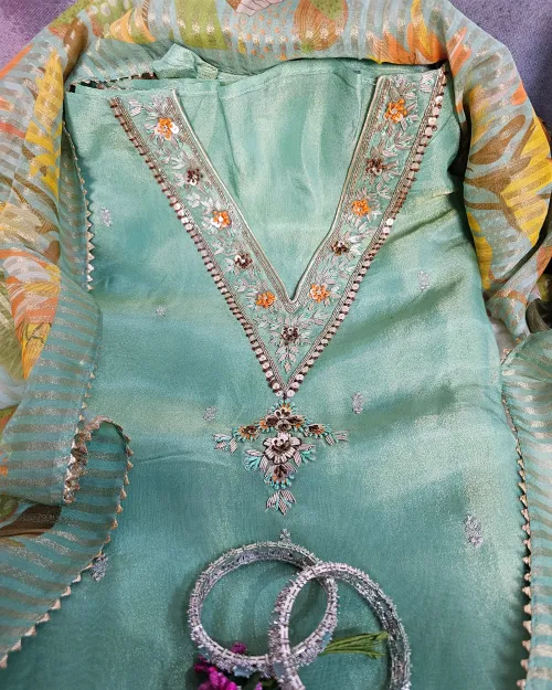 Green Color Stone Work Suit