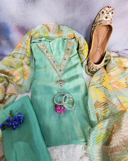 Green Color Stone Work Suit