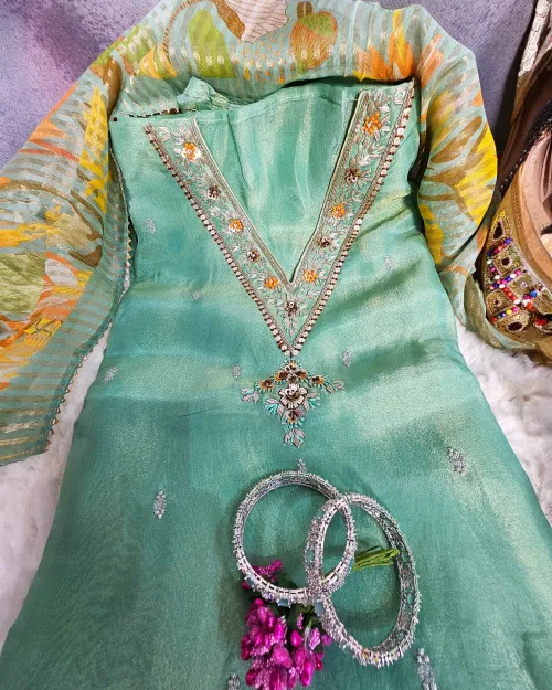 Green Color Stone Work Suit