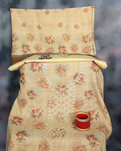 Lemon Embroidered Work Linen Fabric Suit