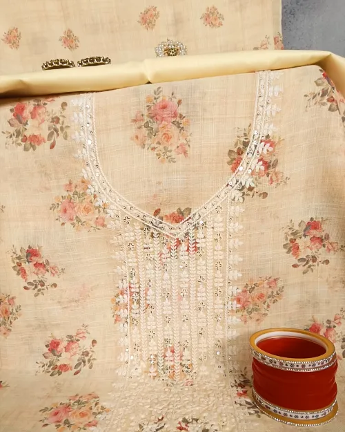 Lemon Embroidered Work Linen Fabric Suit